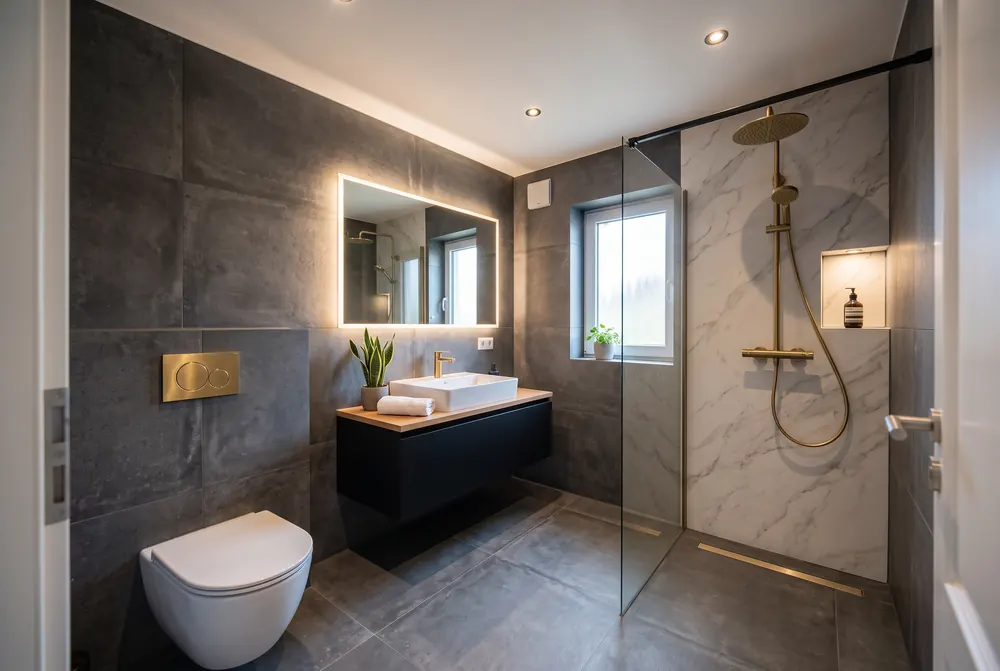 Dasselbe Bad als Variante in Anthrazit mit Duschwand in Marmoroptik und Armaturen in Messing