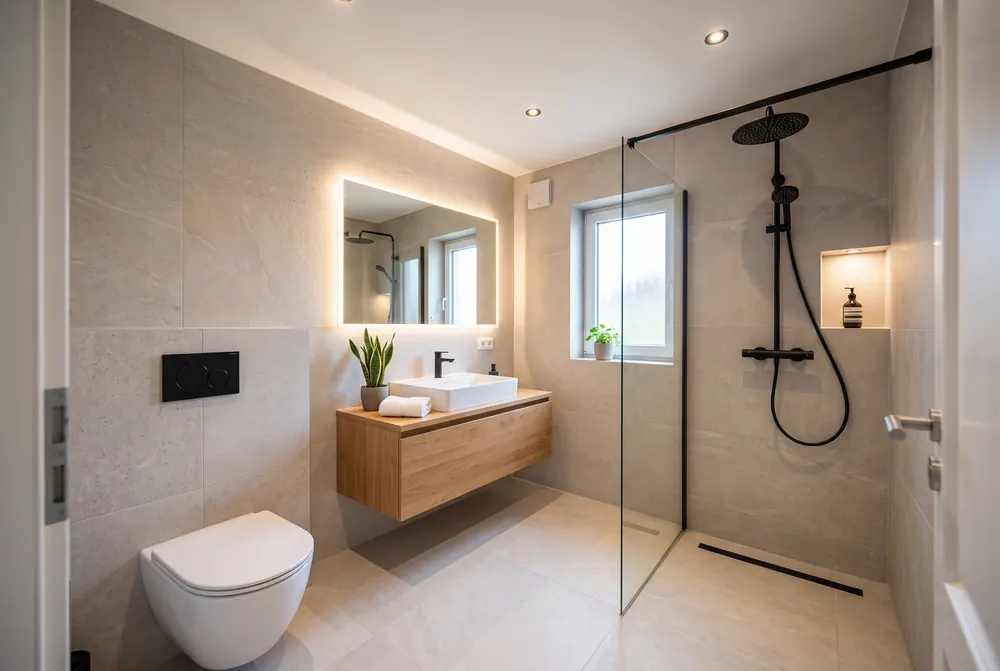 Visualisierung eines geplanten Bads in heller Steinoptik mit Eichenwaschtisch, Wand-WC und Walk-in-Dusche
